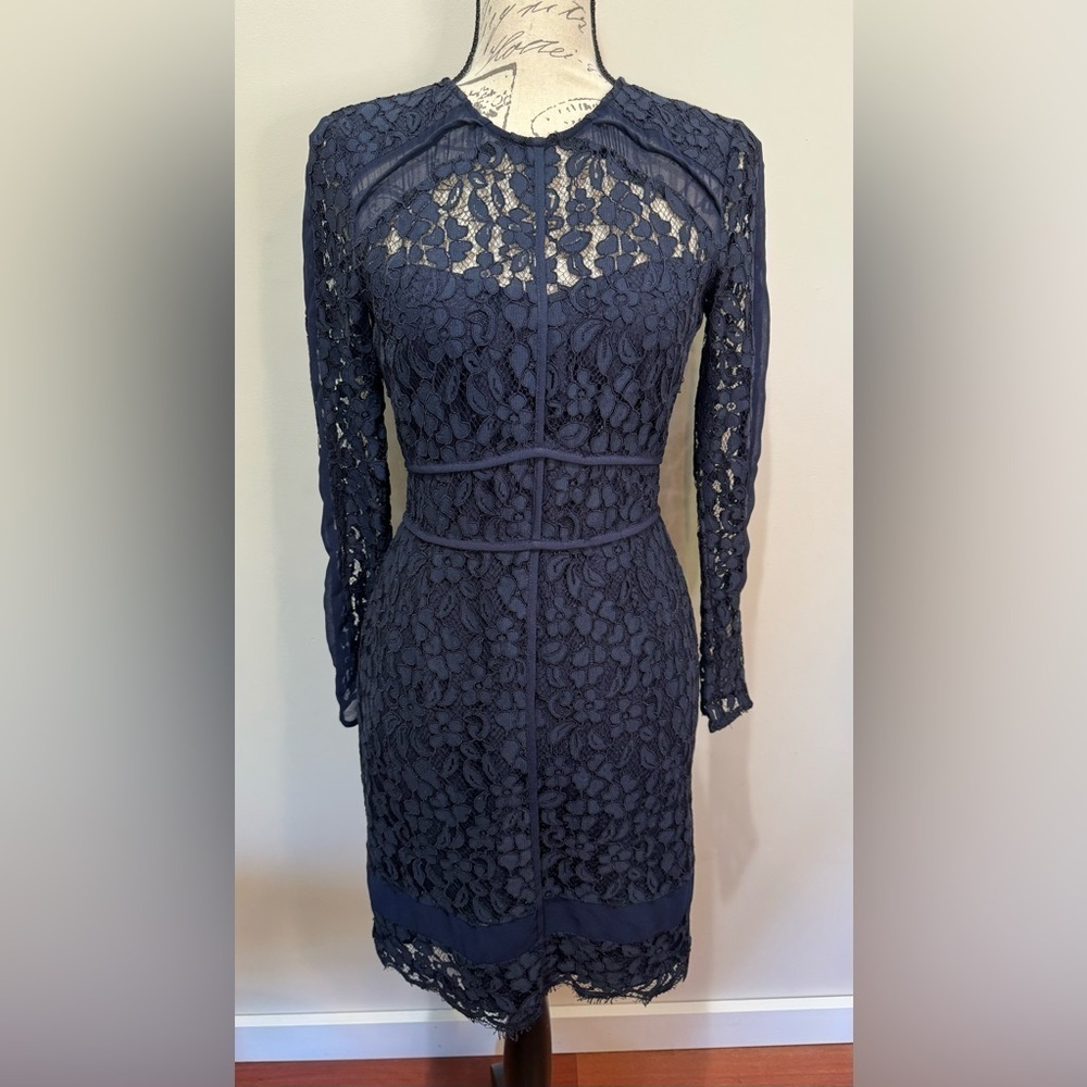 Adelyn Rae Navy Blue Long-Sleeve Lace Sheath Dress